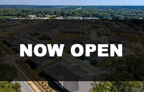 New housing development now open with aerial view of neighborhood and surrounding trees